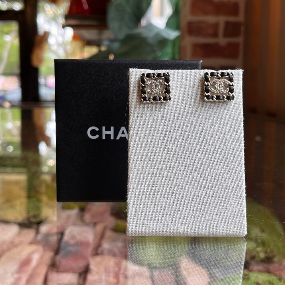 CHANEL Leather & Strass Square Woven CC Stud Earrings